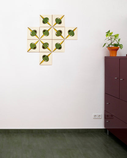 Close-up detail of olive motif on self-adhesive ceramic tiles
