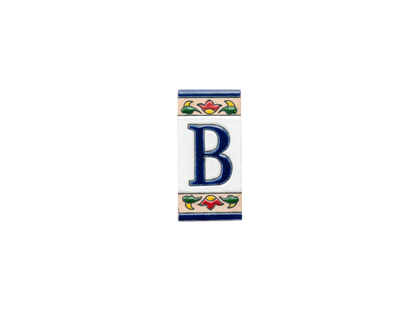 Mini Chilli Ceramic House Number & Letter Tile featuring the letter B in blue on a rectangular handcrafted Spanish tile, bordered by decorative bands with red and green chili pepper motifs.