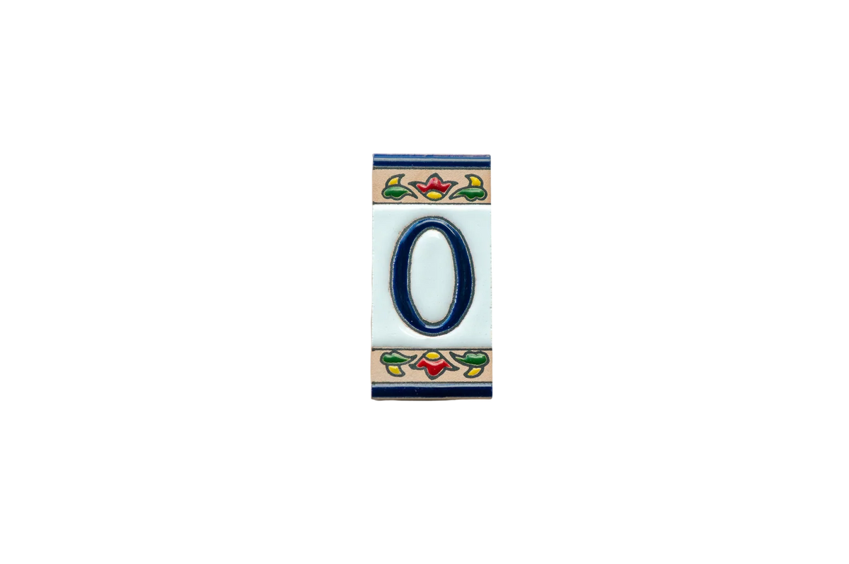 Mini Chilli Ceramic House Number & Letter Tile featuring the number zero in blue, bordered by decorative floral patterns in red, yellow, and green.