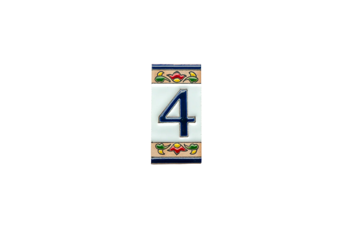 Mini Chilli Ceramic House Number & Letter Tile featuring the number four in blue on a rectangular ceramic tile, decorated with a small floral border in red, green, and yellow.