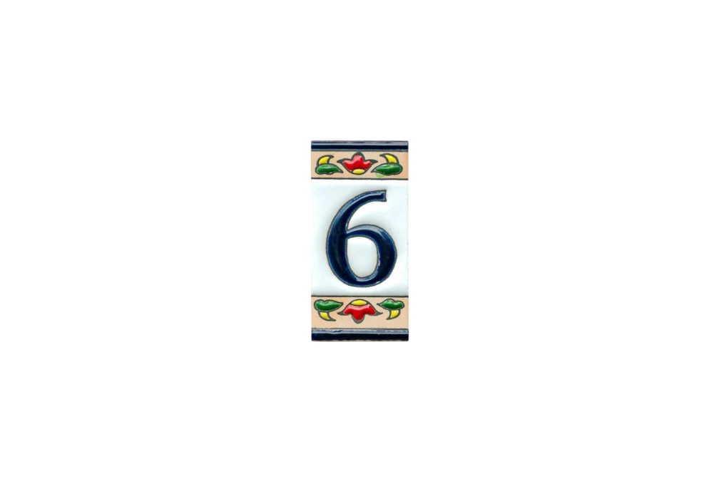 Mini Chilli Ceramic House Number & Letter Tile featuring a rectangular ceramic tile with the number six in black, accented with hand-painted chilli pepper motifs on the top and bottom edges.