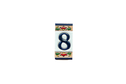 Mini Chilli Ceramic House Number & Letter Tile featuring the number eight in dark blue, decorated with red, green, and gold chili pepper motifs at the top and bottom.