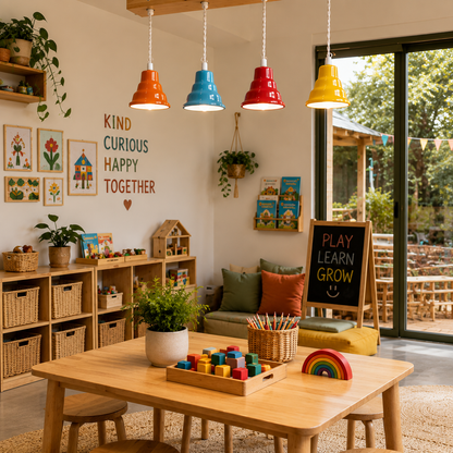 Handcrafted colourful enamel pendant lights installed in a bright childcare centre classroom with natural timber furniture and a modern Montessori-inspired learning space.