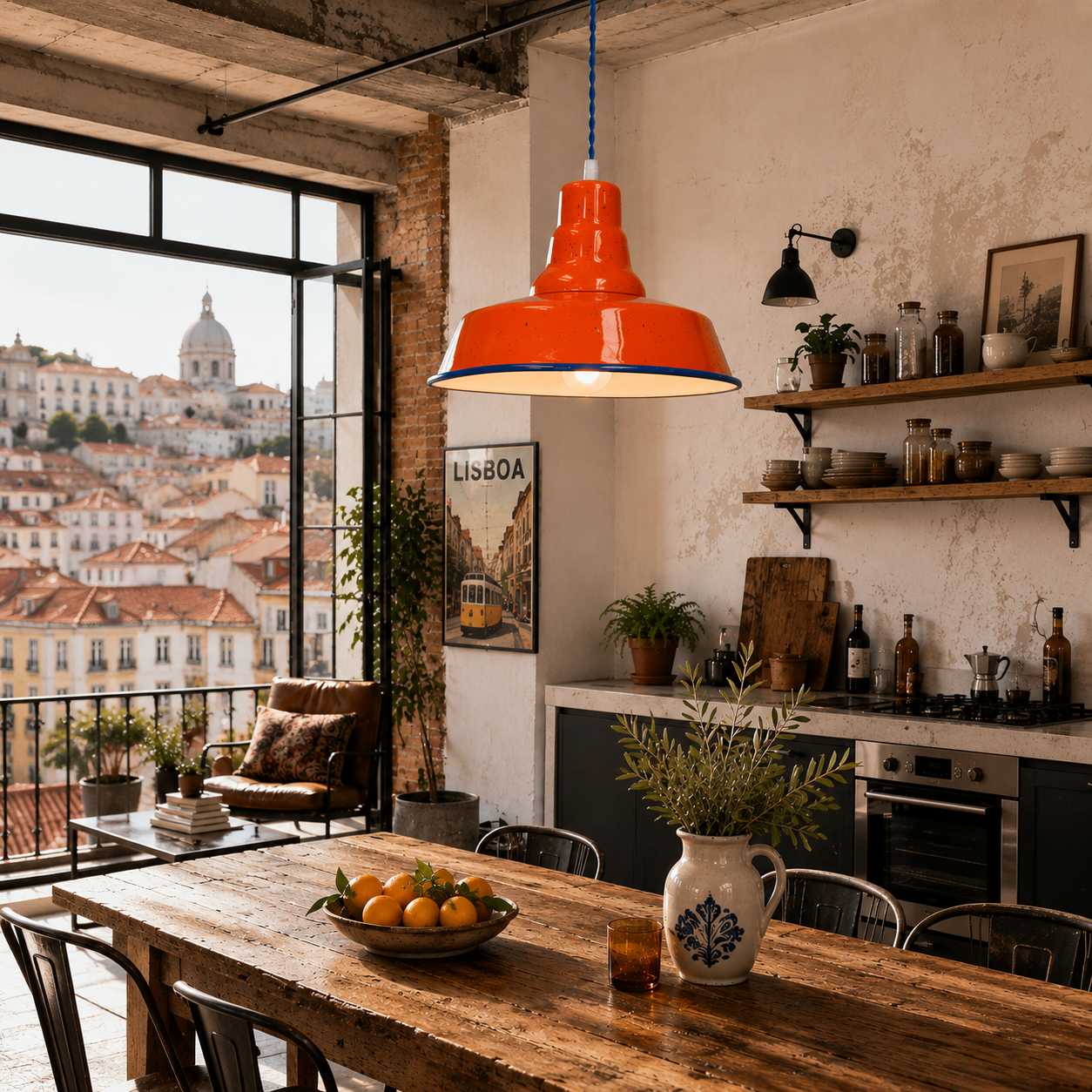 Handcrafted orange speckled enamel pendant light hanging above a reclaimed timber dining table in a Lisbon-inspired industrial loft apartment with warm Portuguese décor.