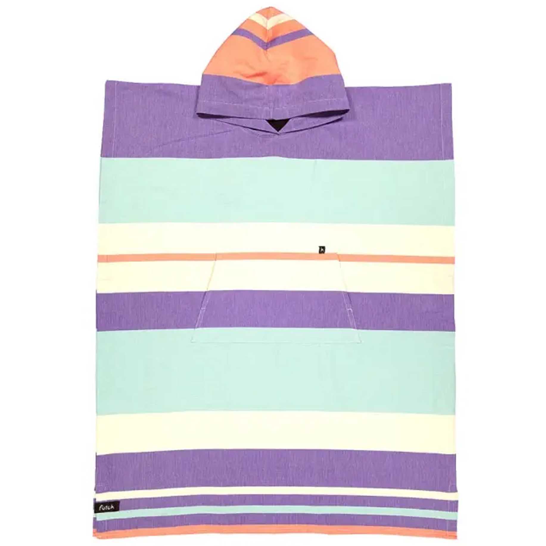 Introducing the Papua Adult Beach Poncho from Futah—a premium Portuguese cotton surf poncho designed for both style and functionality. This vibrant adult poncho showcases lively horizontal stripes in shades of purple, mint, cream, and peach. It’s finished with a front pocket for convenience and a hood featuring distinctive peach and purple stripes, offering an extra touch of comfort and flair for your beach days.