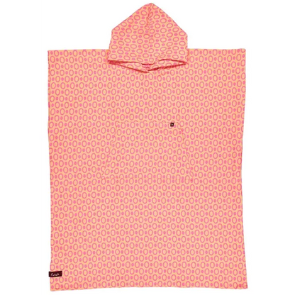 Introducing the Pulse Cotton Beach Poncho by Futah—a premium Portuguese surf and beach poncho crafted from cotton, featuring a vibrant pink and yellow geometric pattern. Designed for quick drying, this hooded poncho showcases a convenient front pocket and a small brown logo tag near the bottom corner, making it ideal for seaside adventures and evoking classic Portuguese surf poncho style.