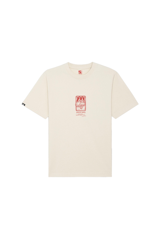 The Humpier Sardines T-Shirt is made from soft organic cotton in plain off-white, featuring a small red graphic and text at the center chest, shown on a white background.