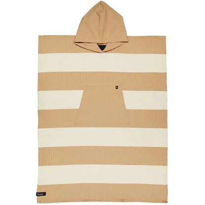Introducing the Set Cotton Beach Poncho by Futah—a premium Portuguese surf and beach poncho crafted from cotton, designed with wide horizontal beige and cream stripes. It features a roomy front pocket and is finished with a small black Futah logo tag at the bottom corner.