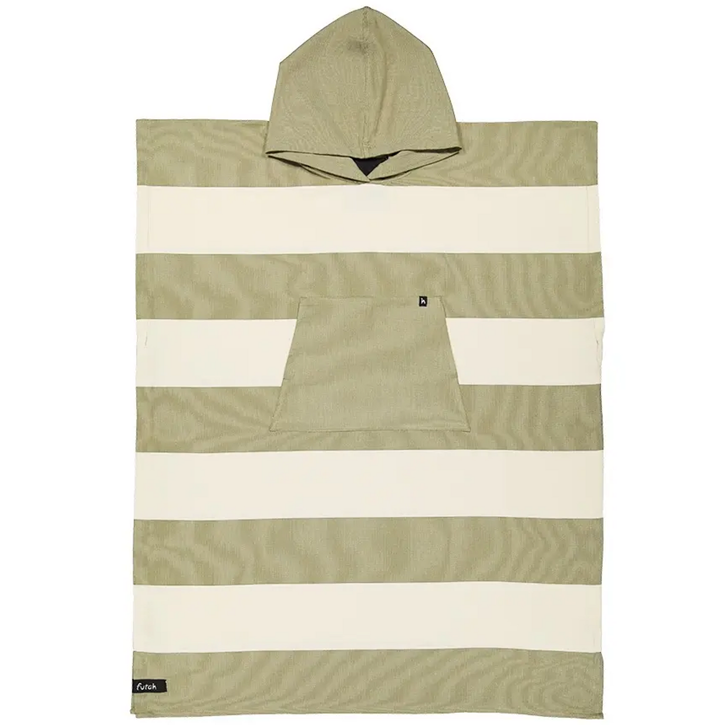 A Futah Set Cotton Beach Poncho – Premium Portuguese Surf & Beach Poncho, featuring wide horizontal beige and cream stripes, a hood, and a front pocket, is laid flat on a white background.