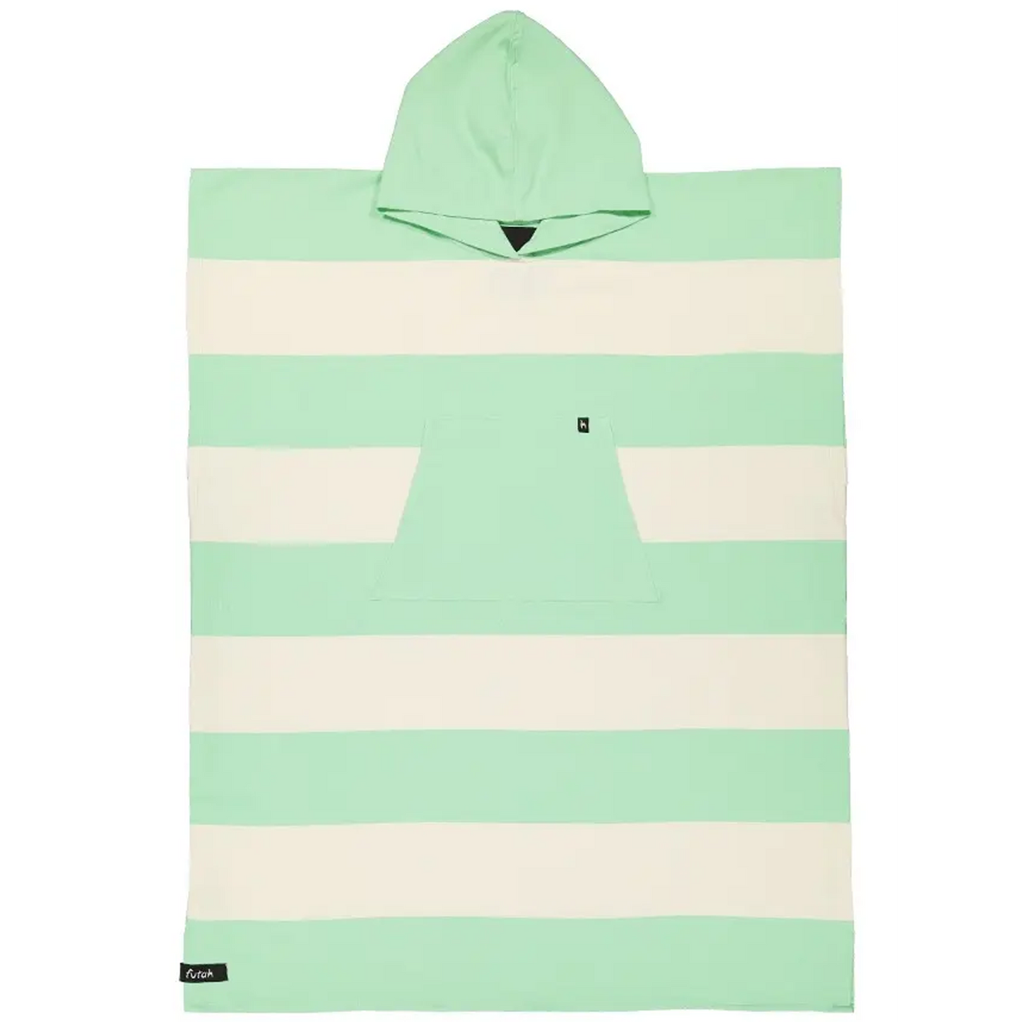Futah’s Set Cotton Beach Poncho – Premium Portuguese Surf & Beach Poncho, shown flat against a white background, features green and white stripes, a hood, and a front pocket. This versatile poncho is ideal for changing or drying off comfortably after your beach adventures.