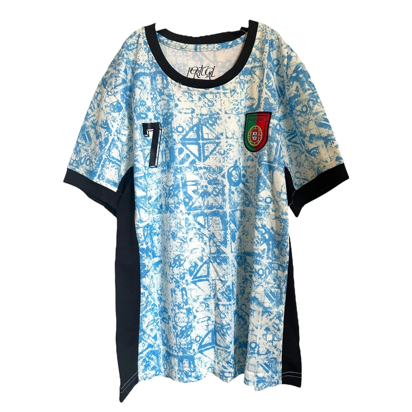 The Vintage Dreamz Portugal Soccer Jersey features a light blue and white pattern, black trim, number 7 on the front, and a red and green Portugal crest. Available for youth, adults, and unisex. Displayed on a plain white background.