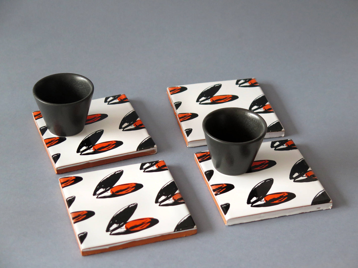 Handmade Spanish ceramic coasters with Mejillones mussels design