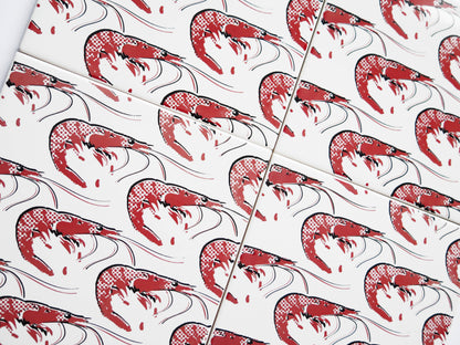 Spanish ceramic adhesive wall tiles featuring illustrated prawns motif