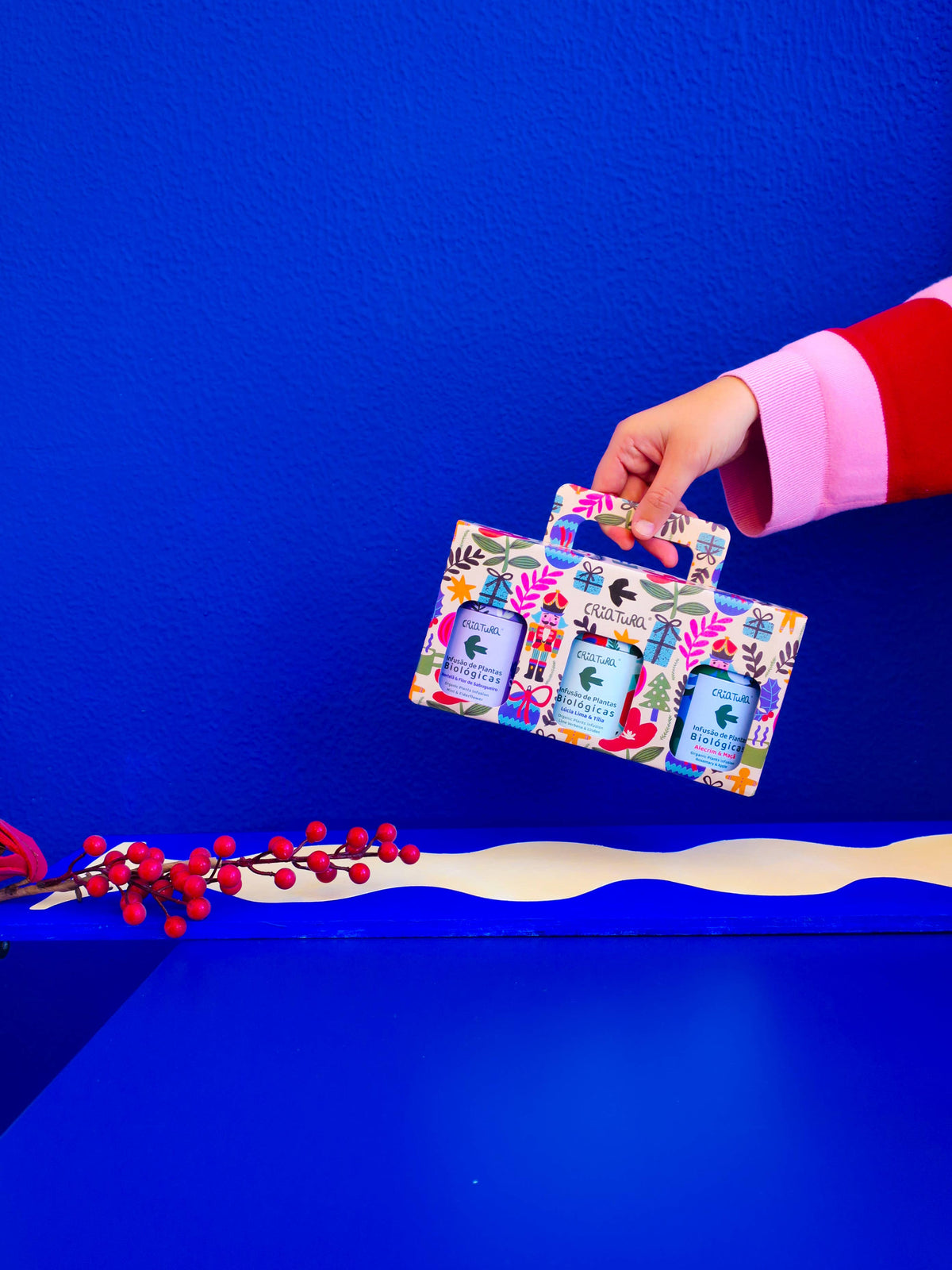 Close-up of festive Christmas illustrations by Portuguese artist Teresa Rego on CRIATURA tea packaging