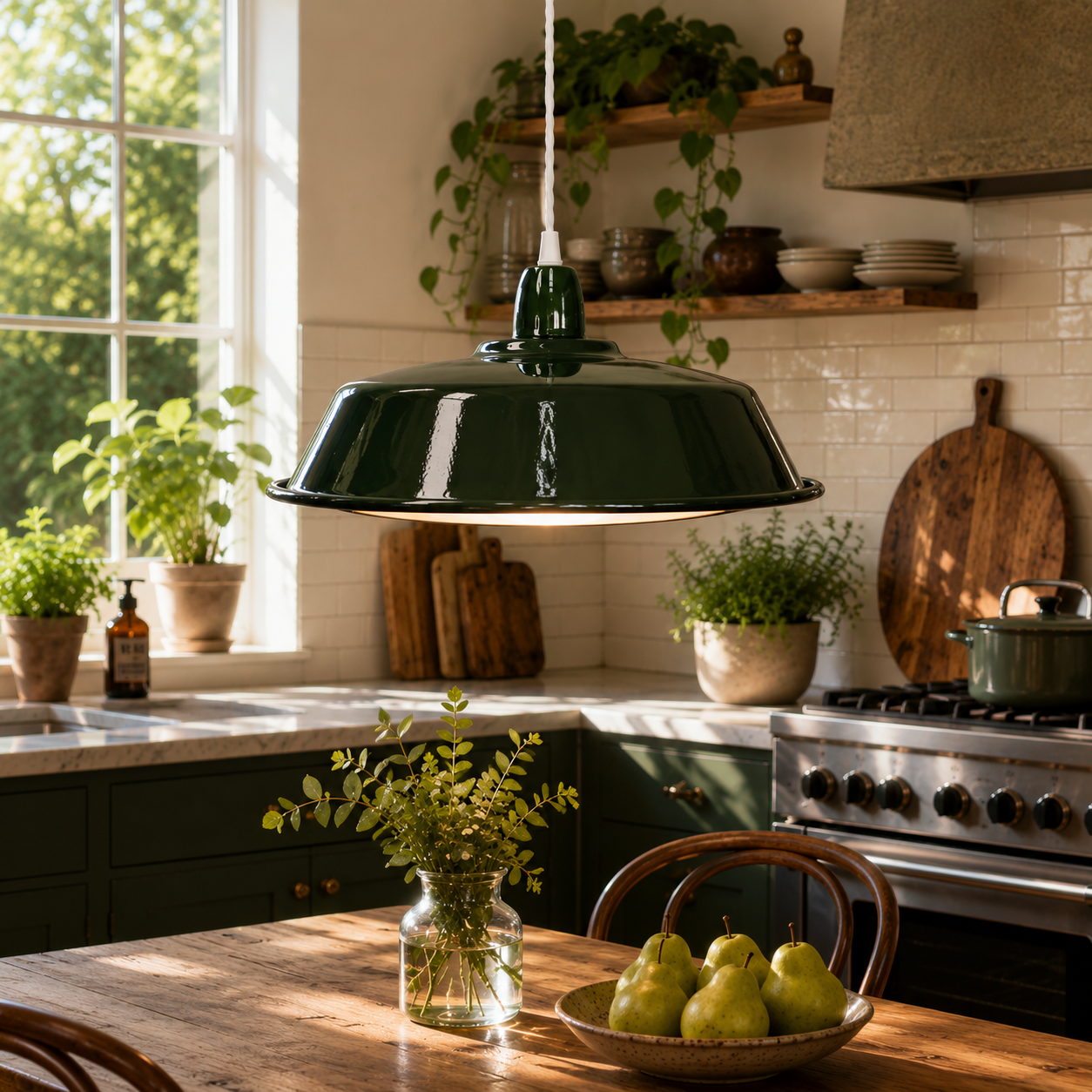 Handcrafted forest green enamel pendant light hanging above a rustic timber dining table in a modern farmhouse kitchen with natural timber cabinetry and warm sunlight.