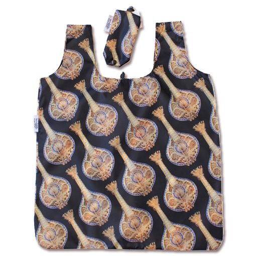 The Terra Lusa Fado Eco Shopper is a reusable bag with a black background and brown-and-gold mandolins, ideal for Portuguese music fans. Includes a matching pouch at the top for easy storage.