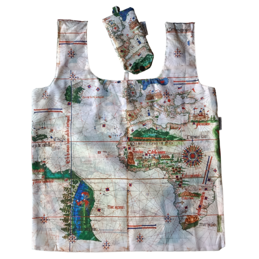 The Cantino Eco Shopper by Terra Lusa is a reusable shopping bag with matching pouch, both featuring a colorful vintage world map design—an eco-friendly and stylish choice for sustainable lifestyles.