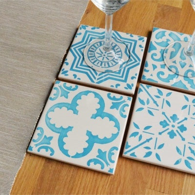 Coasters Set in portuguese tiles hand painted, turquoise, Set A