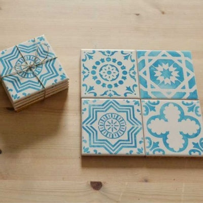 Coasters Set in portuguese tiles hand painted, turquoise, Set A