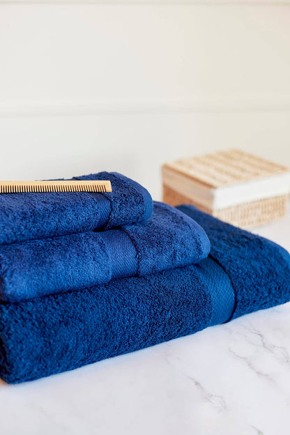 stack of 3 piece cobalt blue towel set