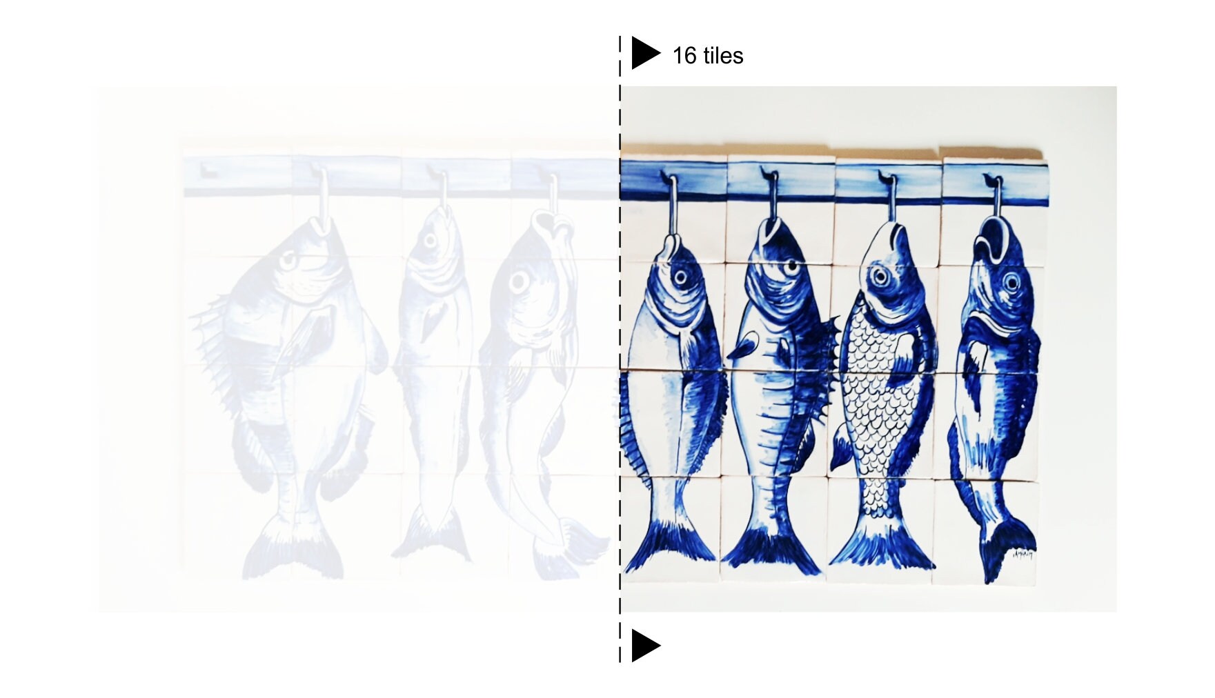 Set of 16 tiles with handpainted fishes on hooks